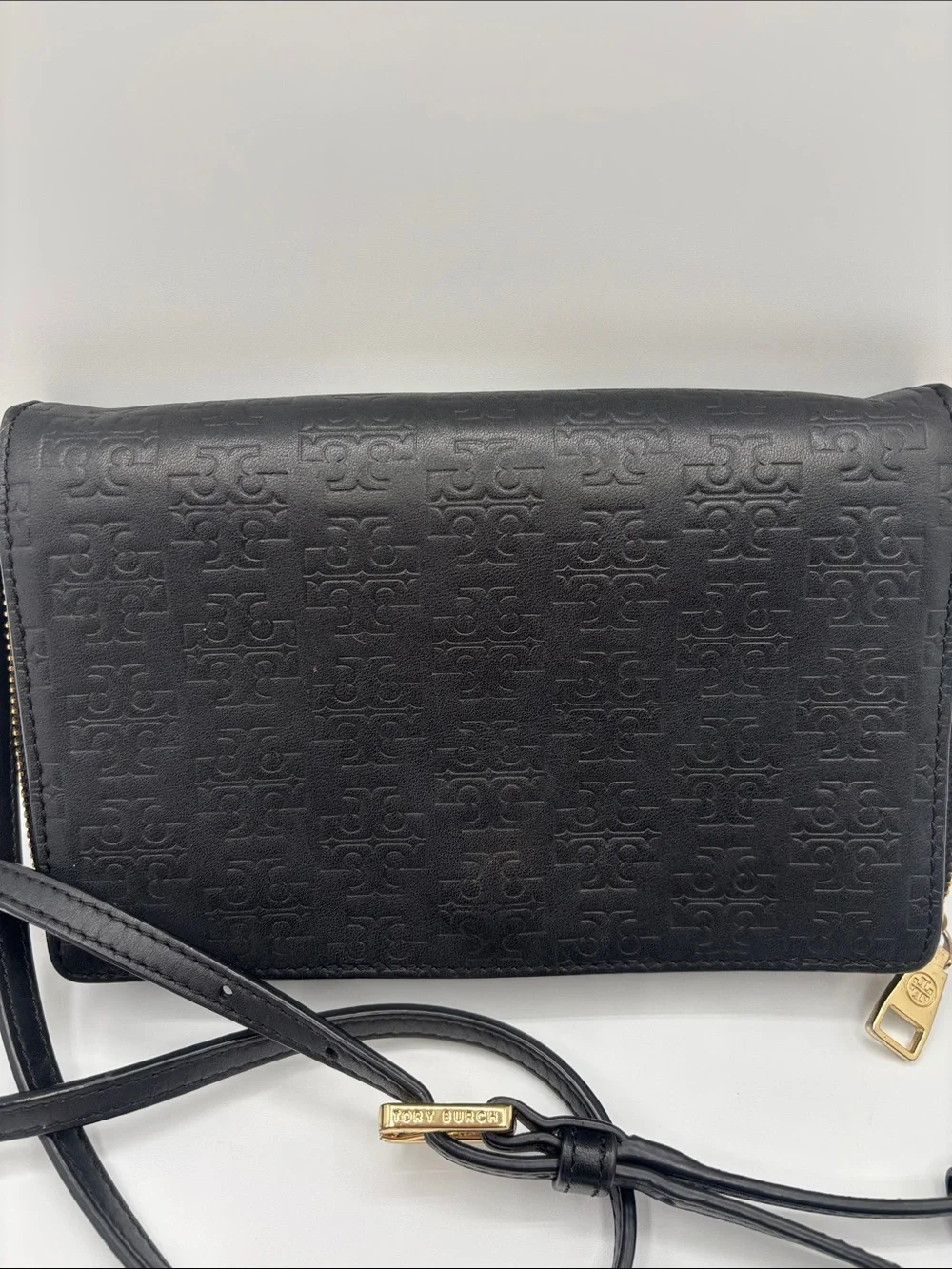 Tory Burch Black Embossed Leather Crossbody with Gold Accent